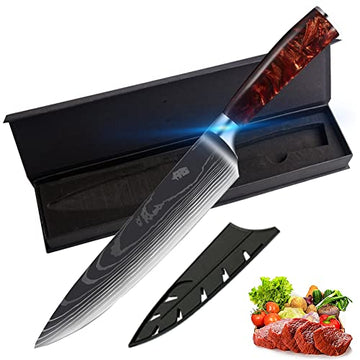 Jasni 8 inch chef's knife Set - Utility Kitchen Knife High Carbon Stainless Steel Damascus Pattern Gift Box Knife Sheath Cleaver Cutting Meat Cooking Chef Knife With Wooden Resin Handle